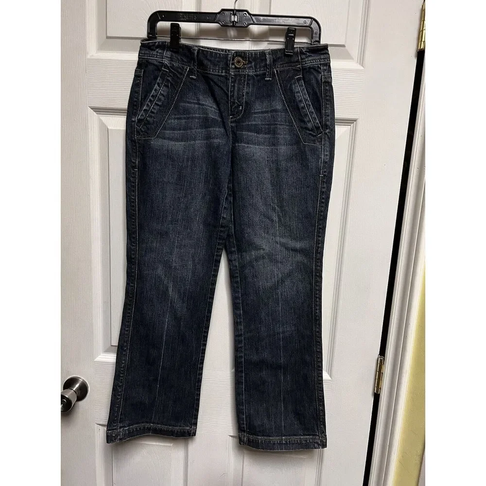 Womens Dark Wash Cropped Flare Jeans Low Rise Y2K‎ Style Denim Blue 31x25